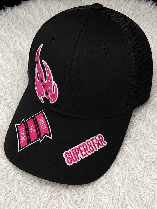 Accessories - Black Trucker Hat with Pink Flame & 'Superstar' Patches